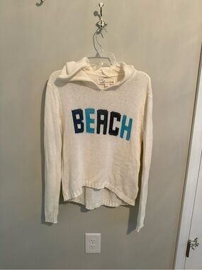 Coastal 'BEACH' Hooded Crew Sweater - White with Blue Lettering